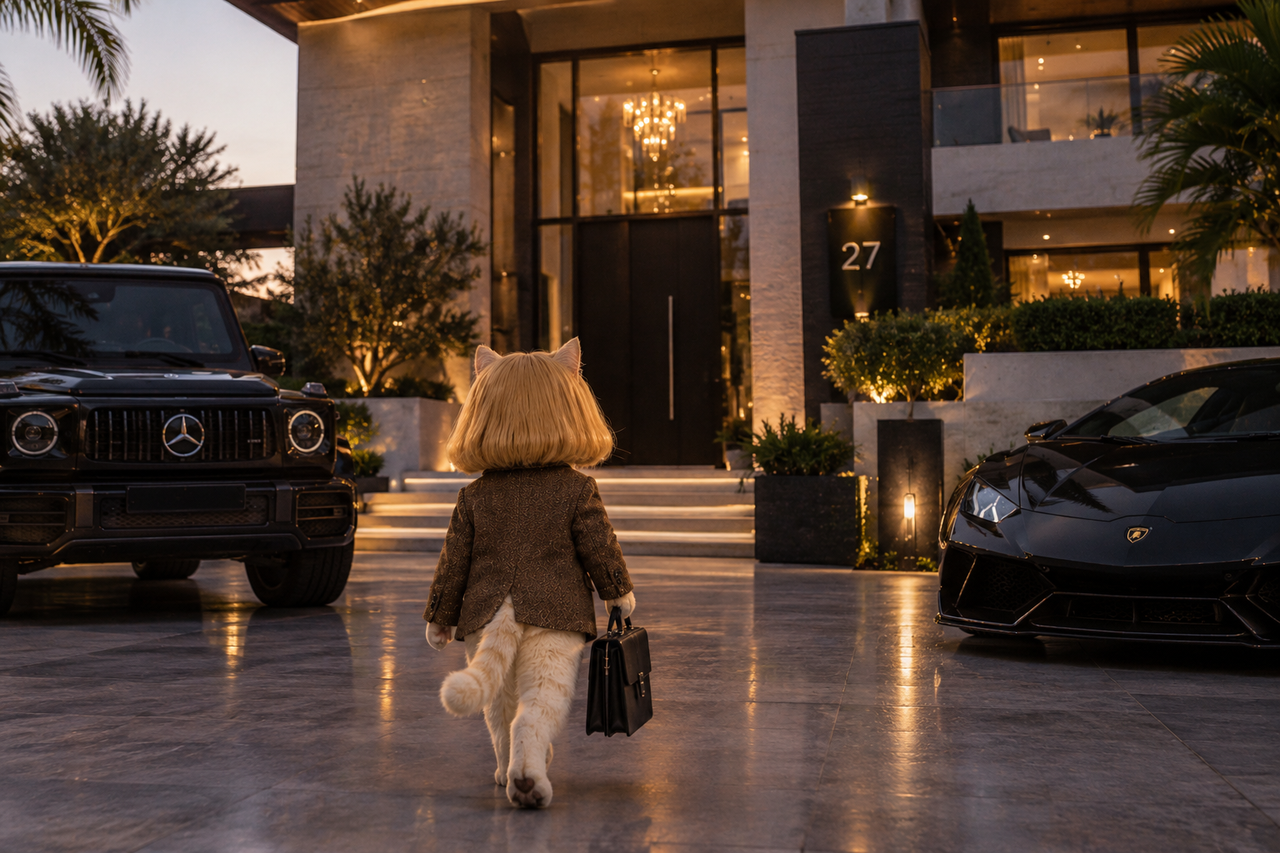 The cat from behind in a blazer and wig, carrying a briefcase toward a large house at dusk