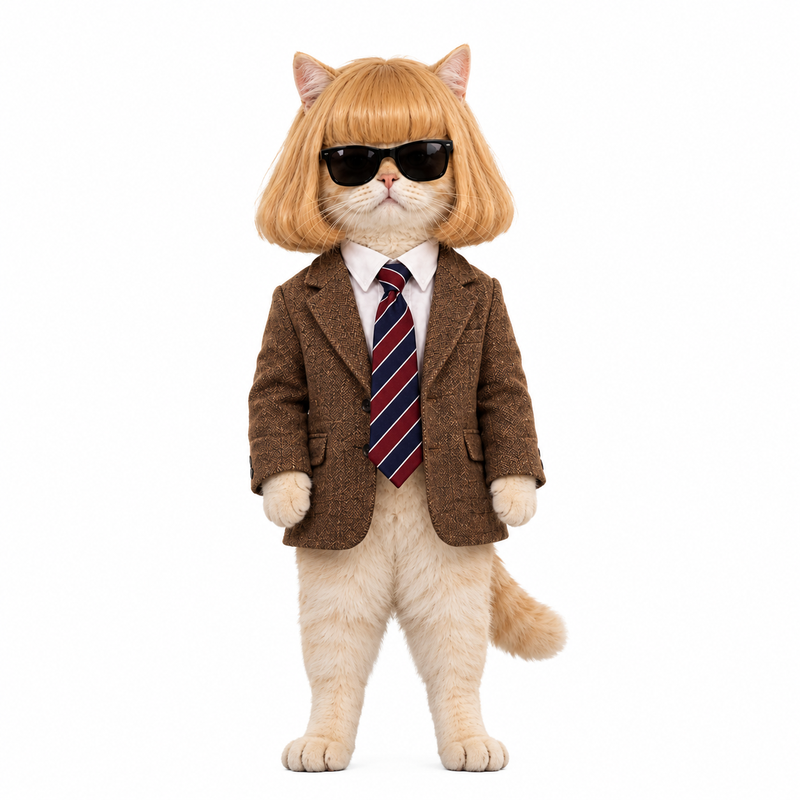 CEO Cat standing upright in a tweed blazer and striped tie
