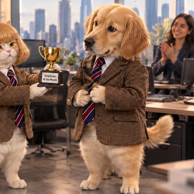 A golden retriever in a tweed blazer receiving an Employee of the Month trophy from the cat