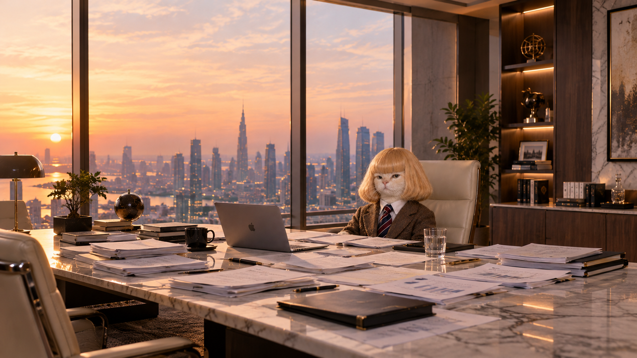 The cat seated at a vast marble desk covered in paperwork, city skyline behind him at sunset