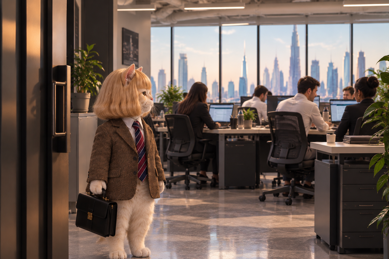 CEO Cat, a cream cat in a blonde bob wig and tweed blazer, standing in a busy open-plan office