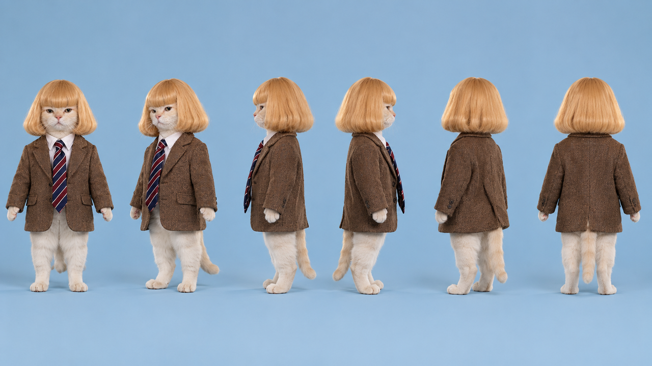 Six views of the cat in his wig and blazer, from front to back, against a pale blue backdrop