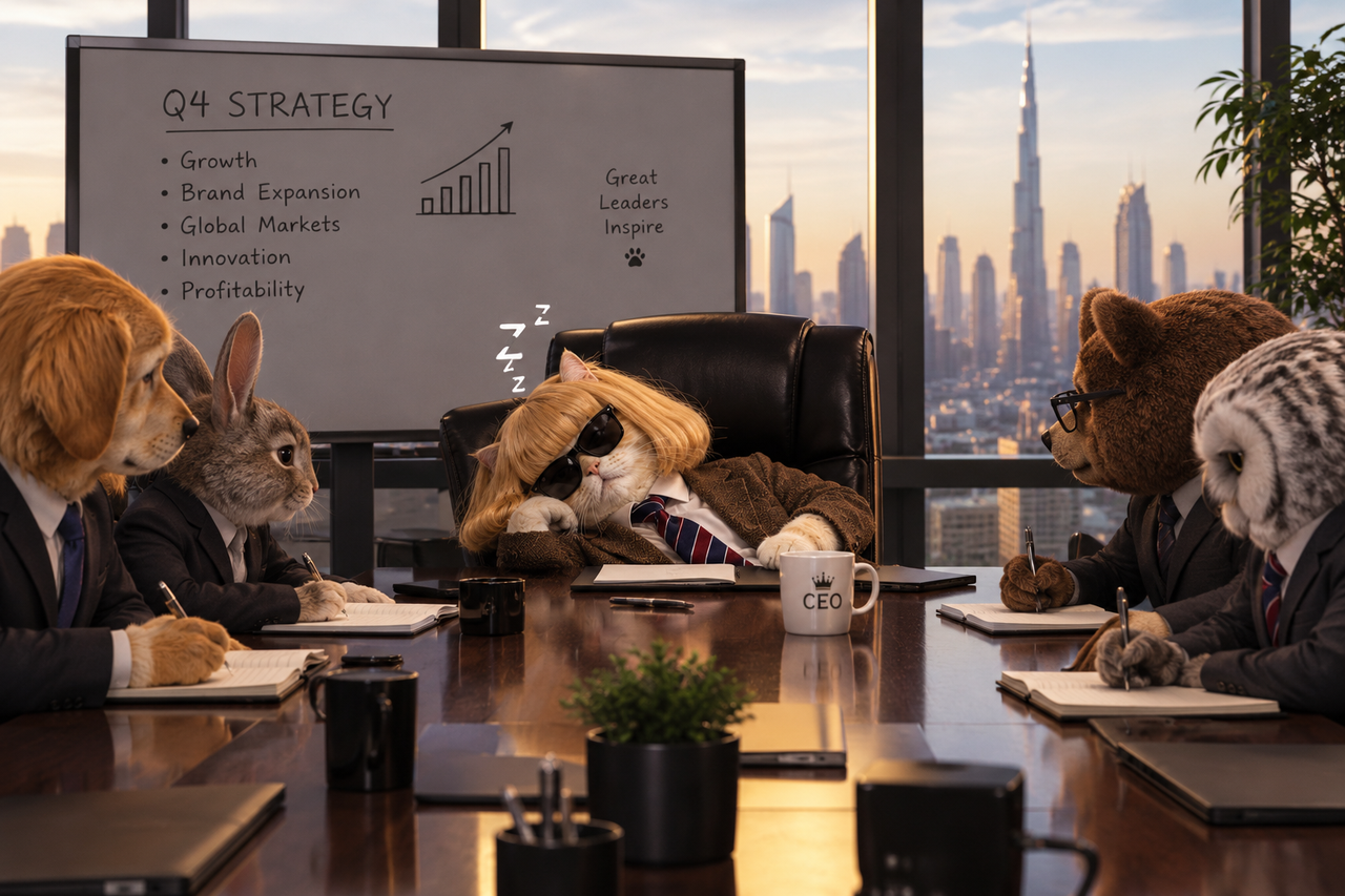 The cat asleep in his chair during a strategy meeting while a dog, rabbit, bear and owl take notes